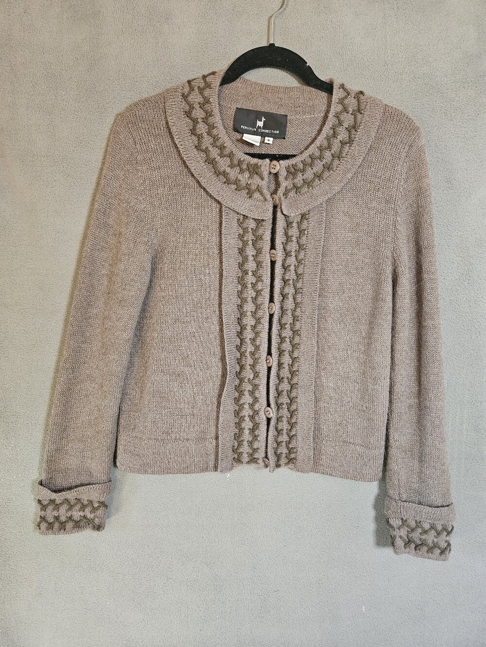 Peruvian Connection knit cardigan Sweater Knit Trim Brown Small 100% Alpaca Boho
